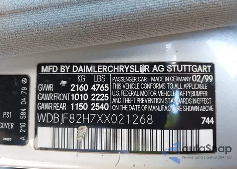 1999 Mercedes-Benz E 320 Awd z USA, uszkodzony, nr VIN WDBJF82H7XX021268